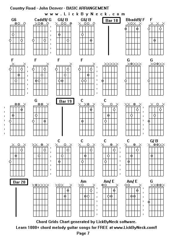 Chord Grids Chart of chord melody fingerstyle guitar song-Country Road - John Denver - BASIC ARRANGEMENT,generated by LickByNeck software.